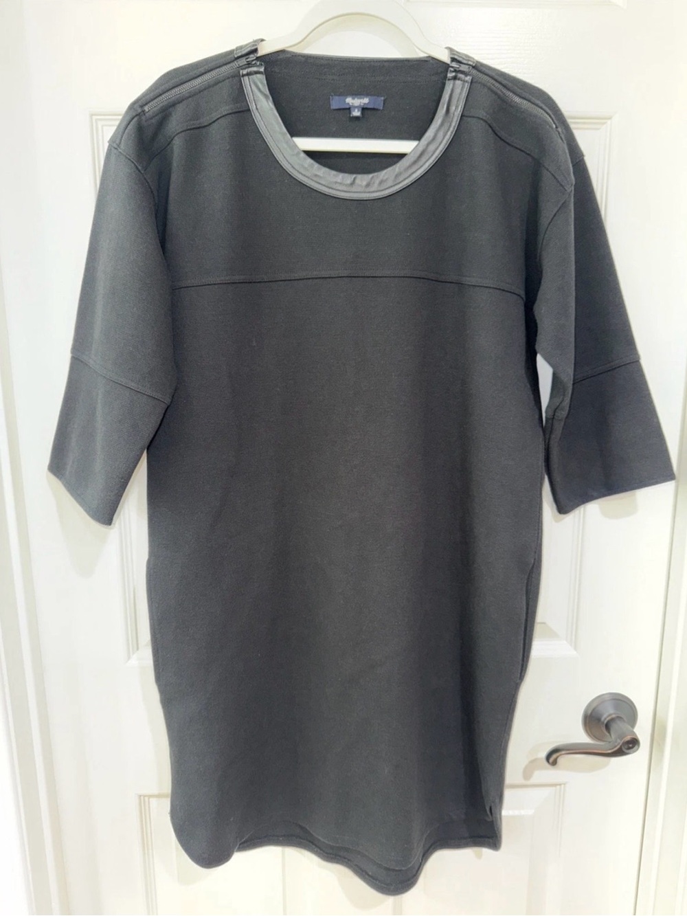 Madewell Small 3/4 Sleeve Ponte Shift Dress Black Shoulder Zip Leather Trim